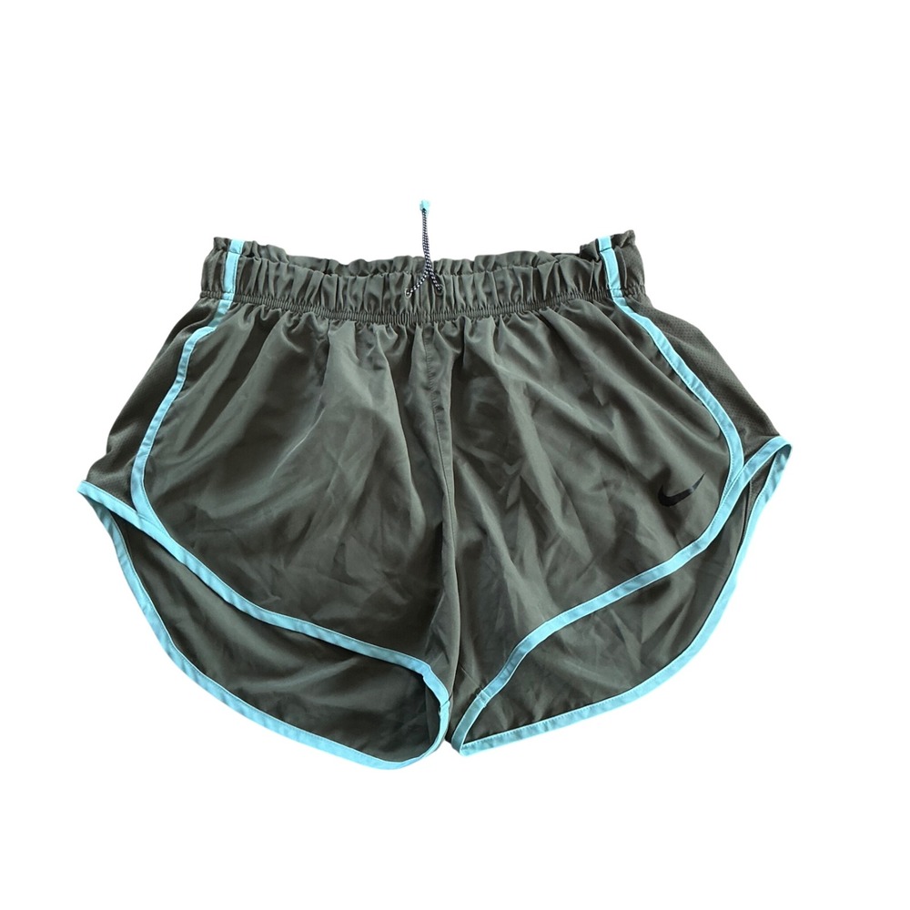 Nike Dri-FIT Women Running Shorts Olive‎ Green Blue Trim Size L Athletic Gym